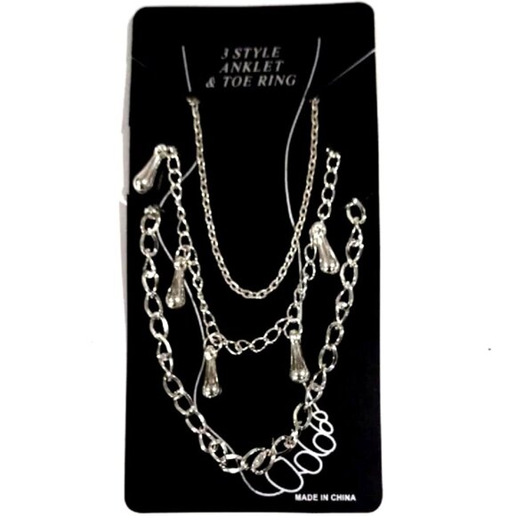 Silver Tone 3-Piece Anklet Set w/ Teardrop-shaped Charms – Trendy Summer Jewelry - Picture 1 of 7